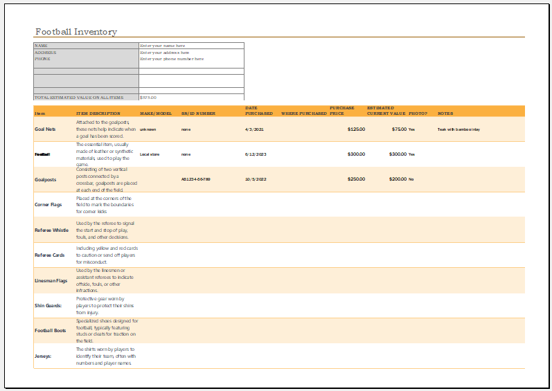 Football Inventory Spreadsheet Template for Excel Download