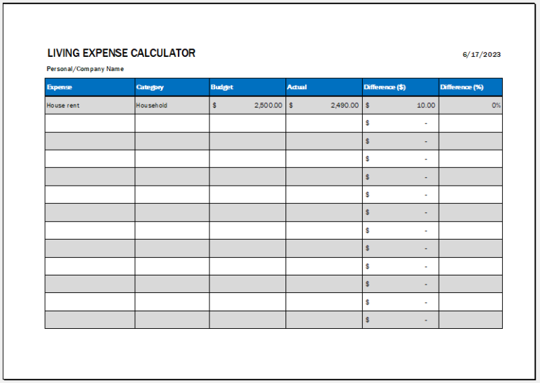 Living Expense Calculator Template for Excel Download