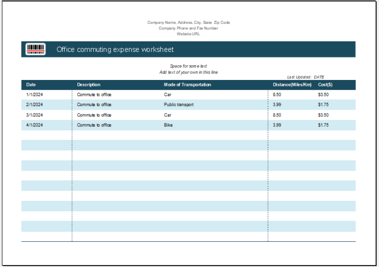 Office Commute Expense Worksheet Template Download File