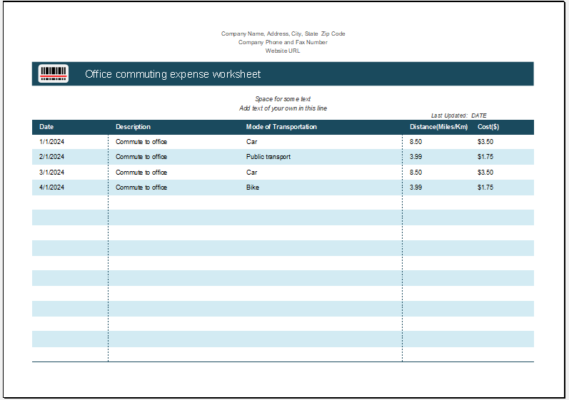 Office commuting expense worksheet
