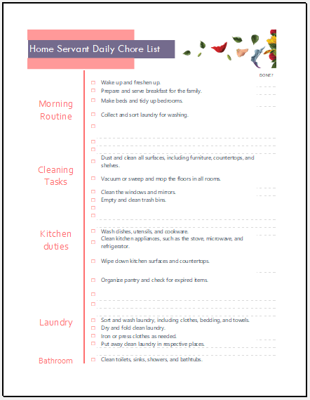 Home servant daily chore list template