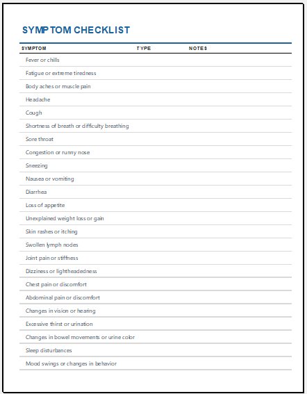Symptom checklist template