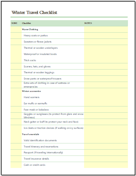 Winter travel checklist template