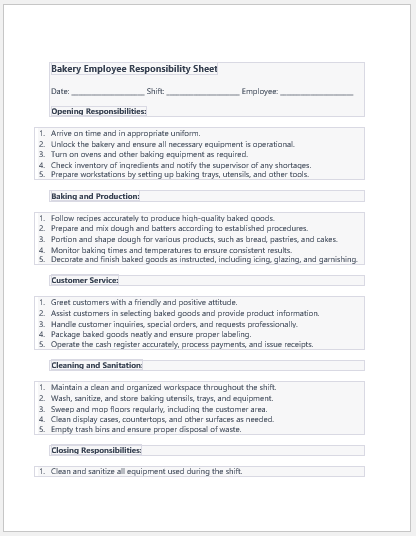 Bakery Employee Responsibility Sheet