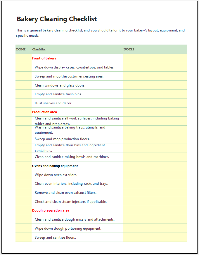 Bakery cleaning checklist template
