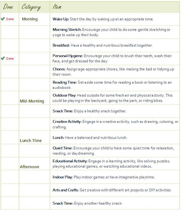 Kids daily activity checklist template