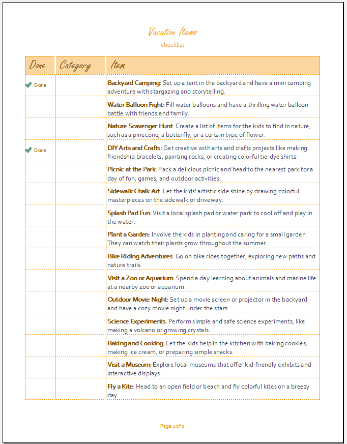 Kids summer activities checklist template