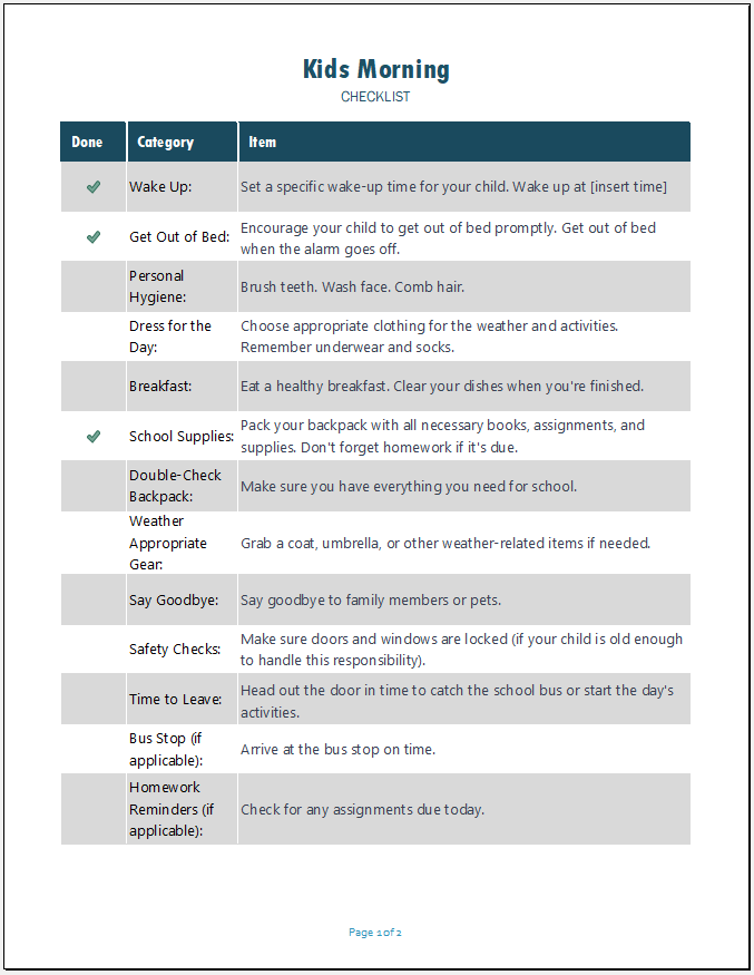 Kids morning checklist template