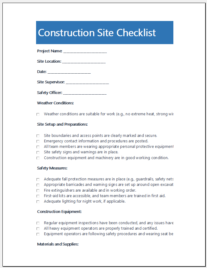 Construction site checklist template