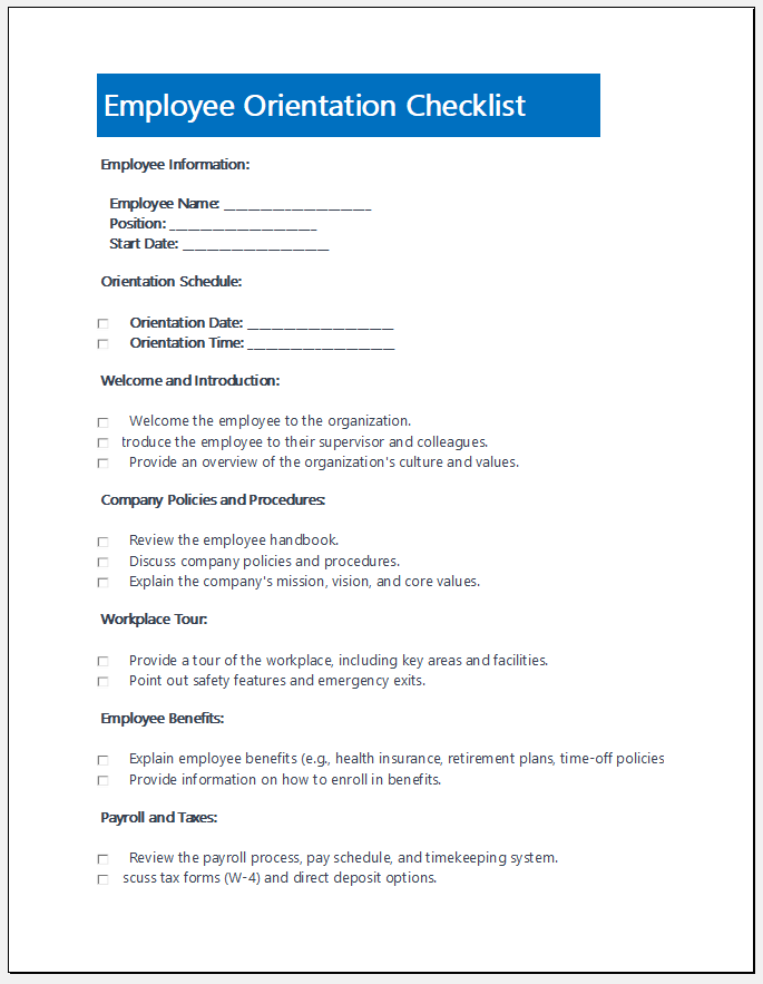 Employee orientation checklist -xltemplates.org