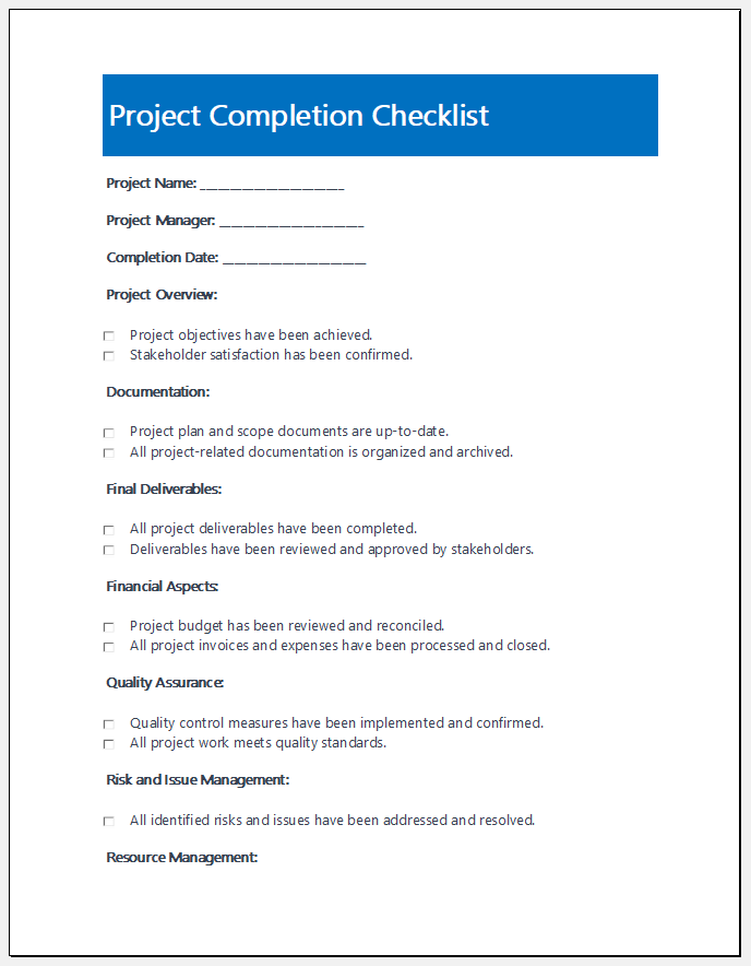Project completion checklist template