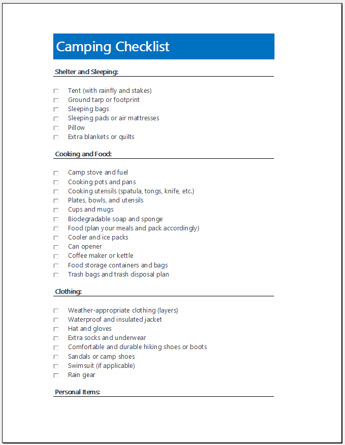 Camping checklist template