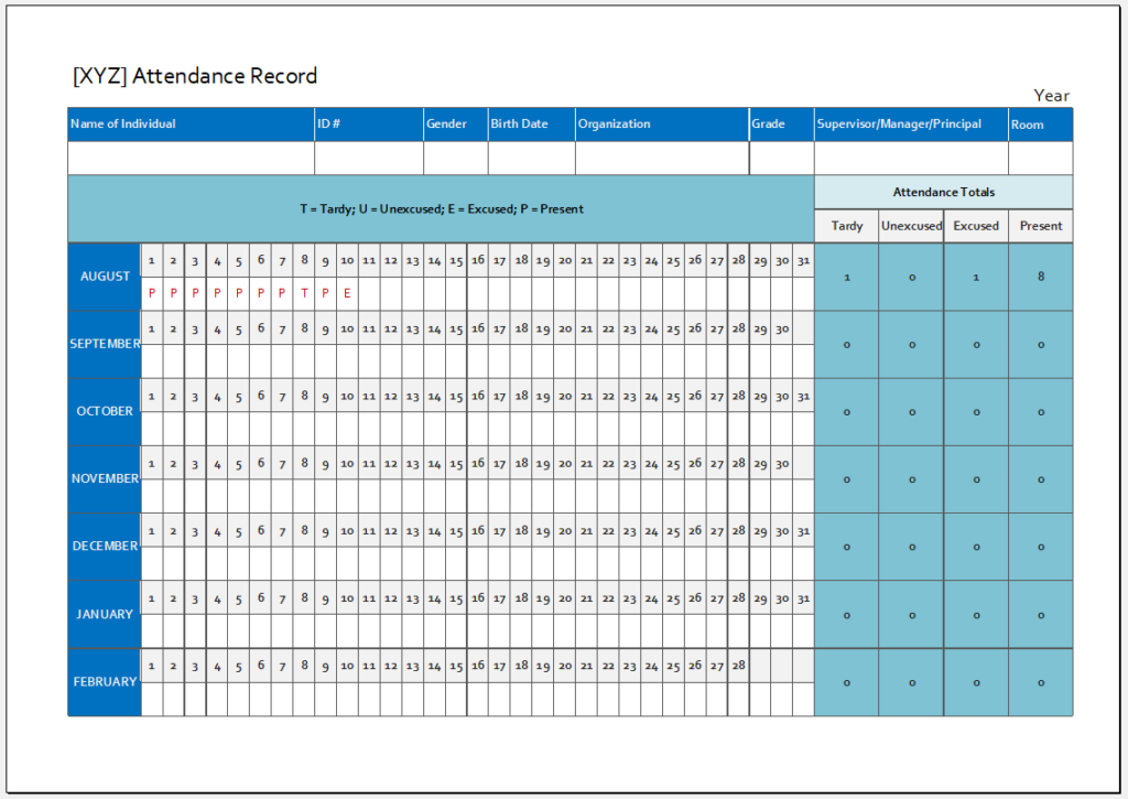 Daily attendance tracker for an individual employee