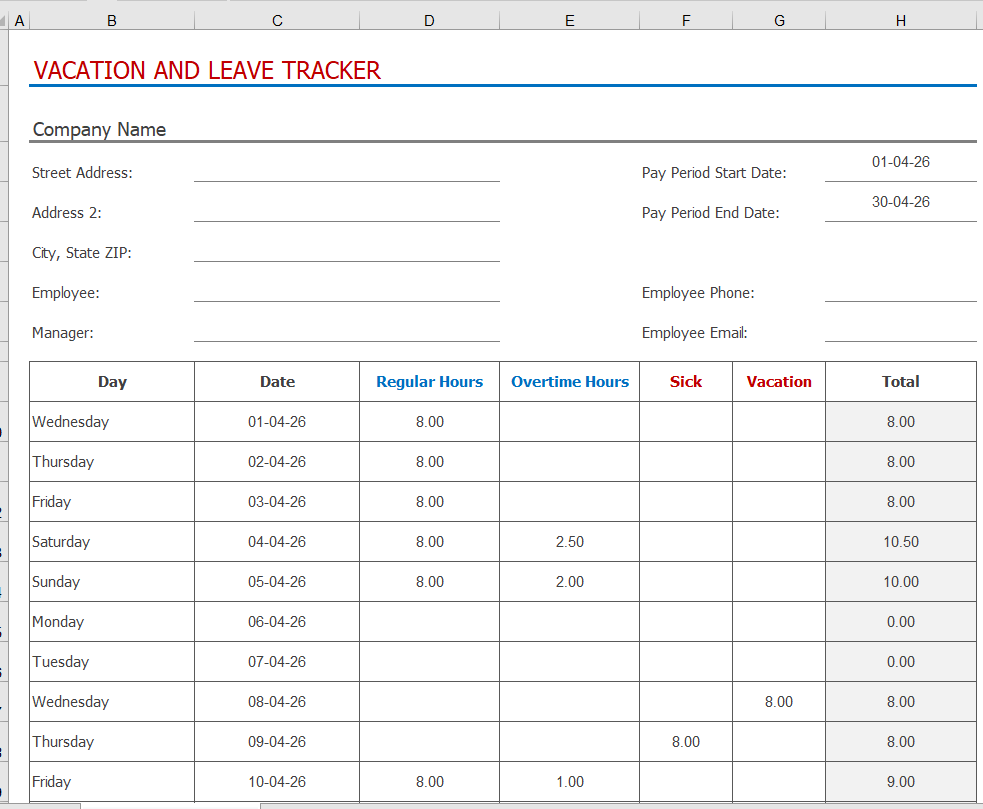 Vacation and leave tracker template