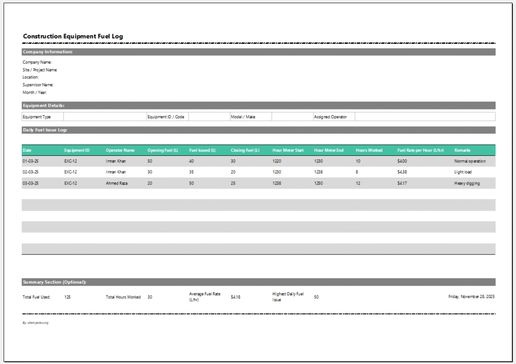 Construction Equipment Fuel Log