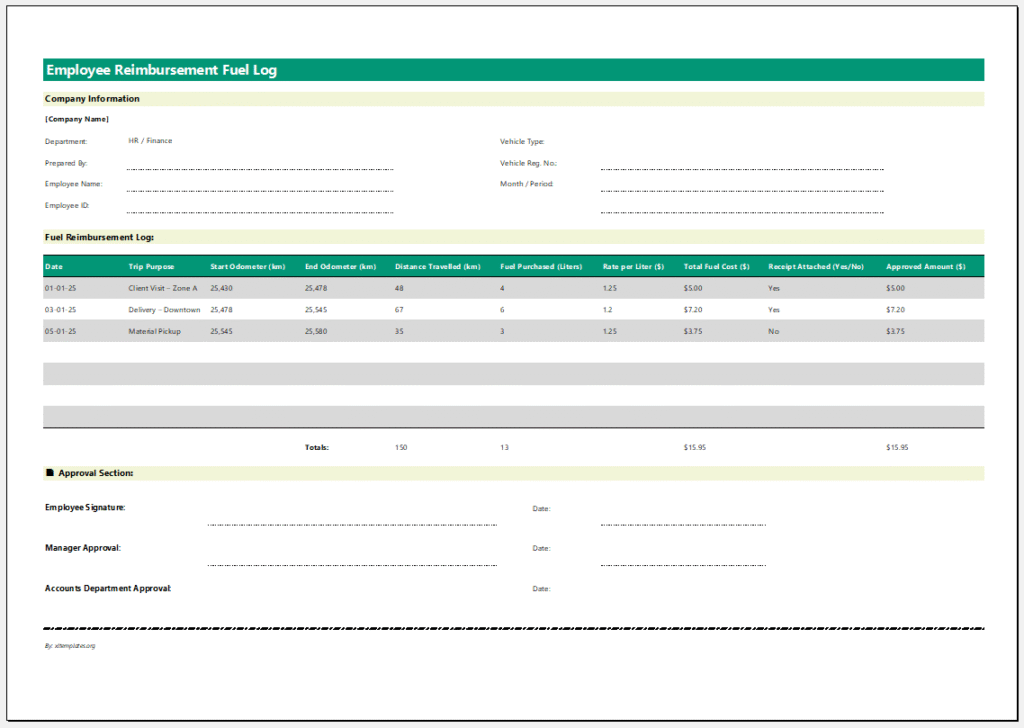 Employee Reimbursement Fuel Log