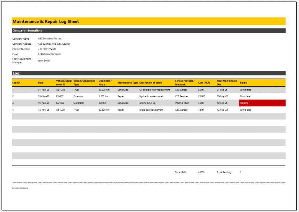 Maintenance & Repair Log Sheet